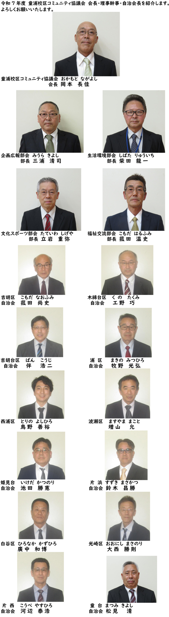 令和7年度童浦校区コミュニティ協議会会長、理事幹事、自治会長を紹介します！
