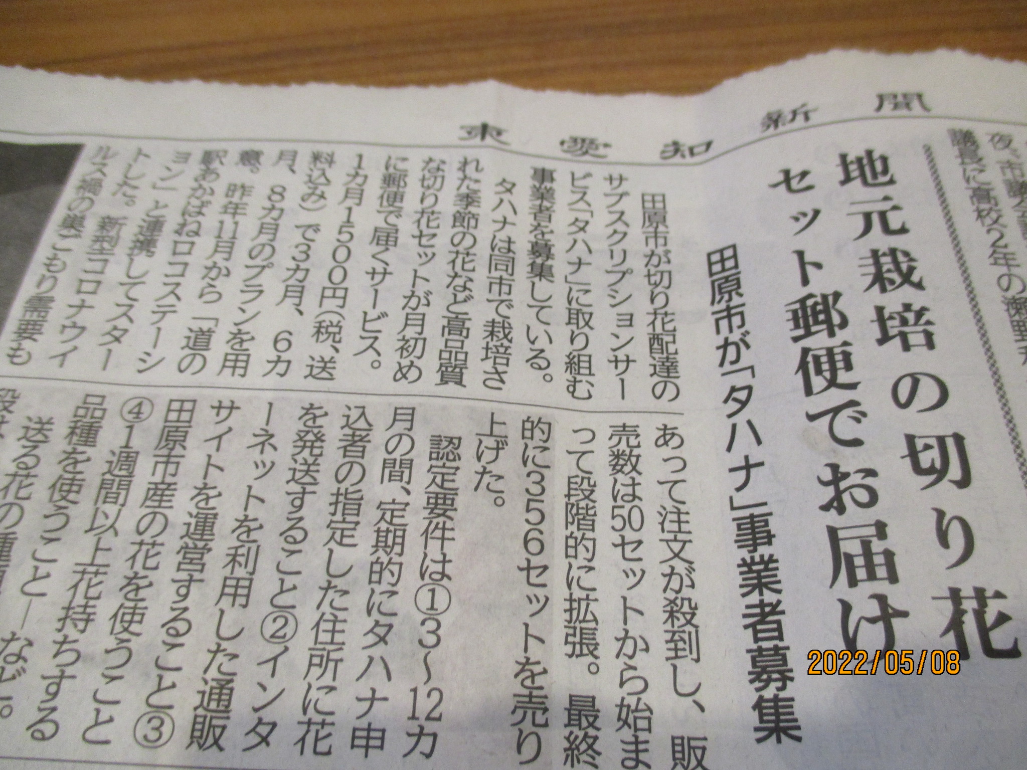 田原市　サブスク「タハナ」切り花配達事業者募集